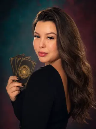 Mariana Rodrigues, taróloga, segurando um baralho de tarô